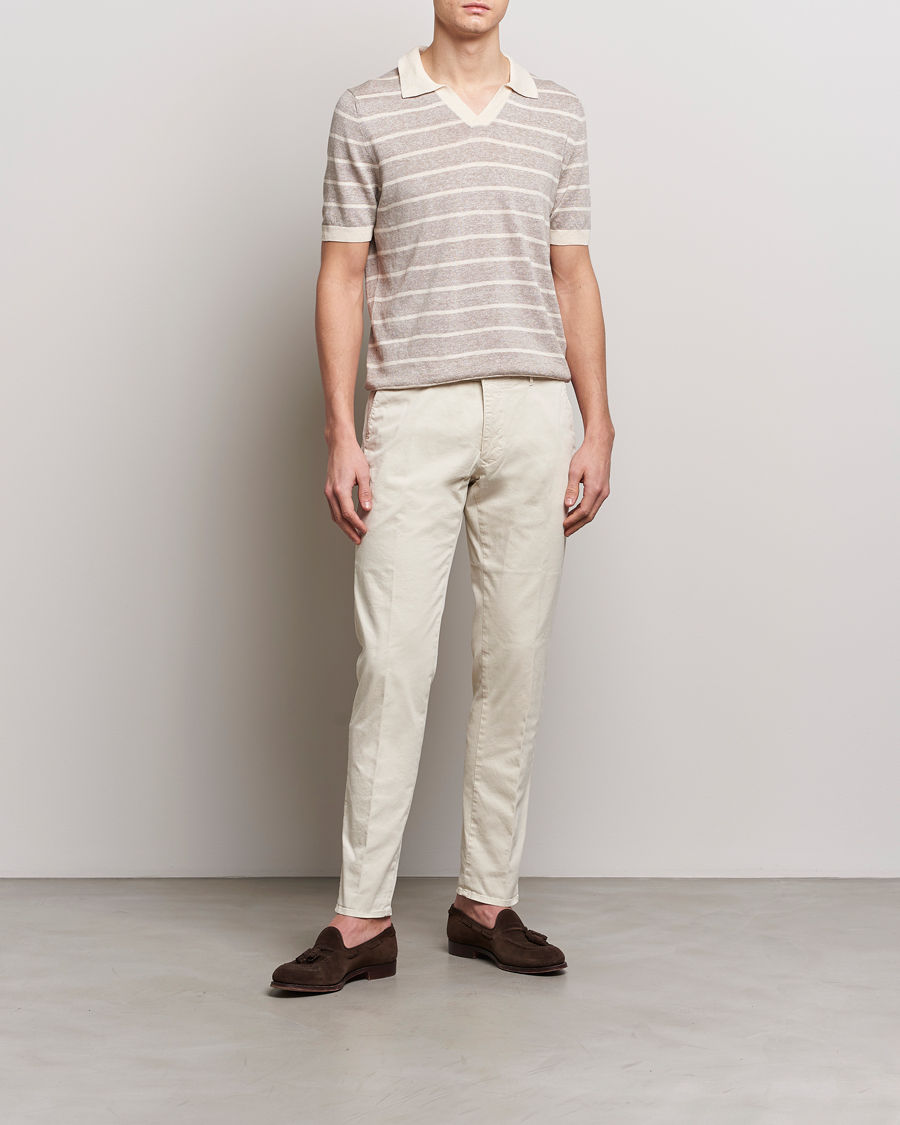 Men | Polo Shirts | Gran Sasso | Linen/Cotton Knitted Striped Open Collar Polo Beige/Cream