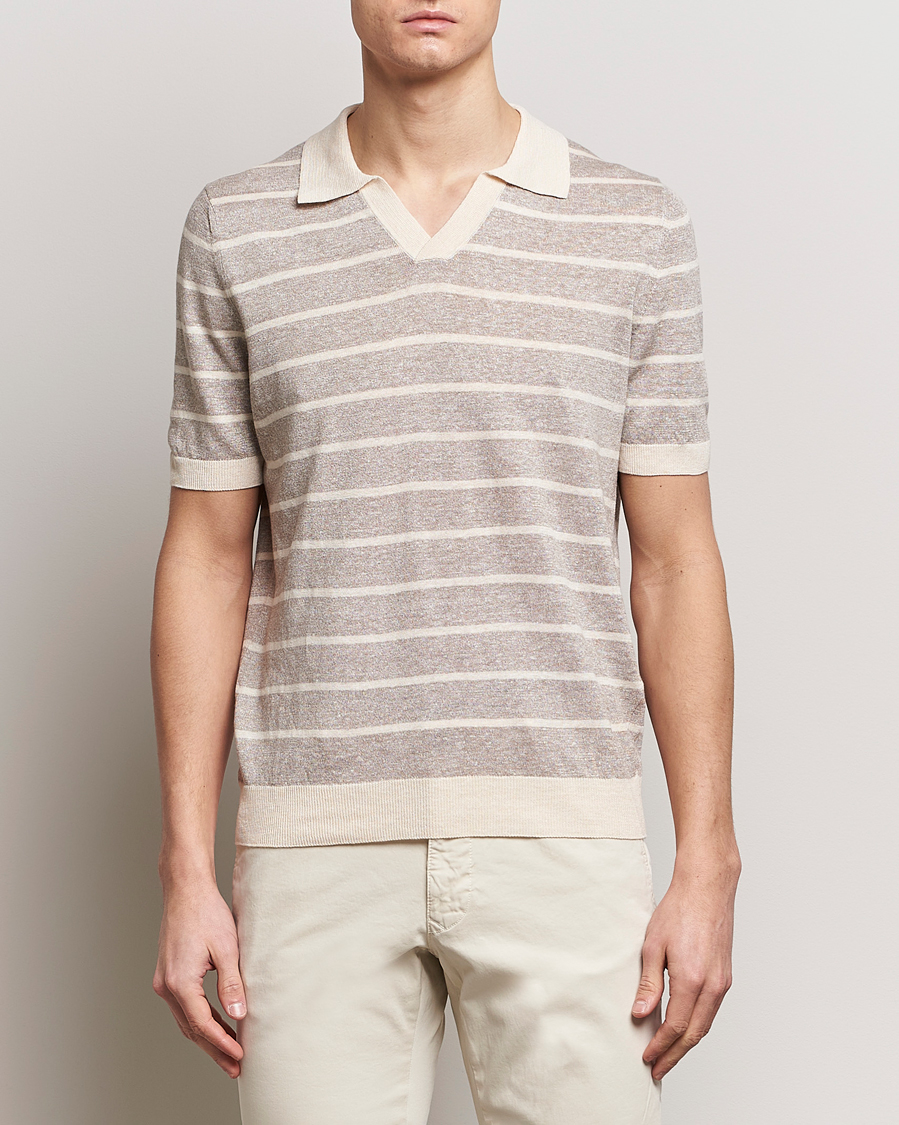 Men | Polo Shirts | Gran Sasso | Linen/Cotton Knitted Striped Open Collar Polo Beige/Cream