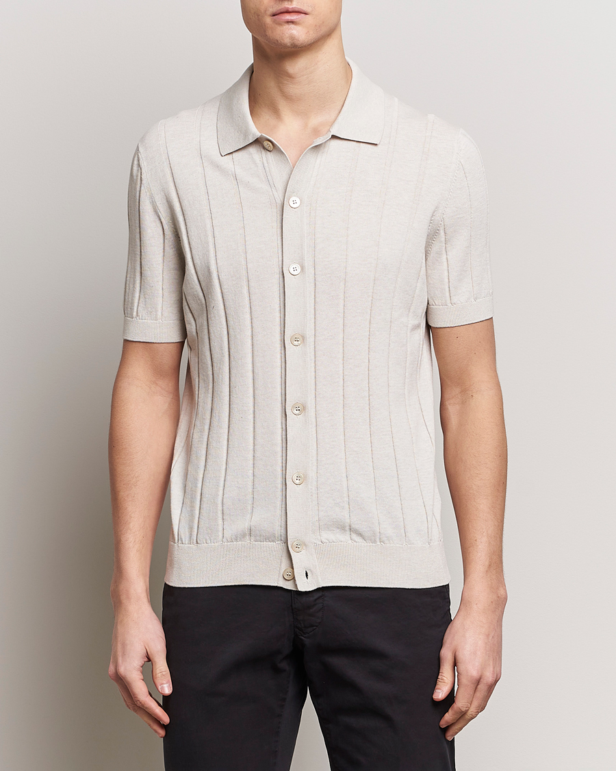 Men | Shirts | Gran Sasso | Cotton Ribbed Knitted Resort Shirt Light Beige
