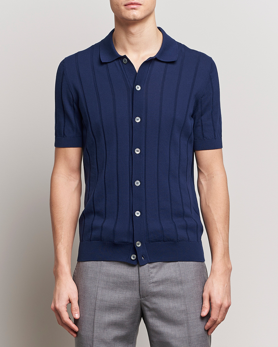 Men |  | Gran Sasso | Cotton Structured Knitted Short Sleeve Shirt Light Navy
