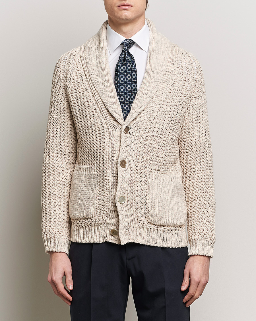 Men | Quiet Luxury | Brioni | Cotton/Wool Shawl Cardigan Light Beige