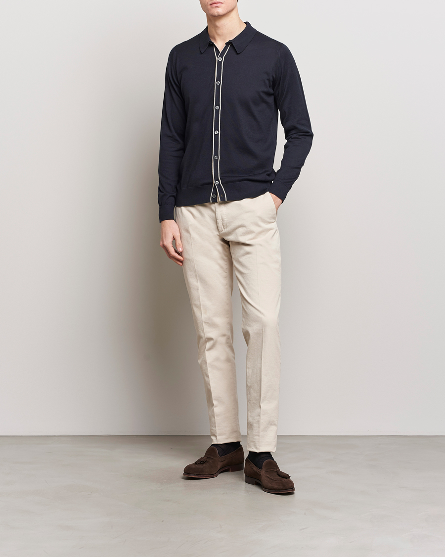 Men | Sweaters & Knitwear | John Smedley | Shadow Tipped Sea Island Cotton Cardigan Navy