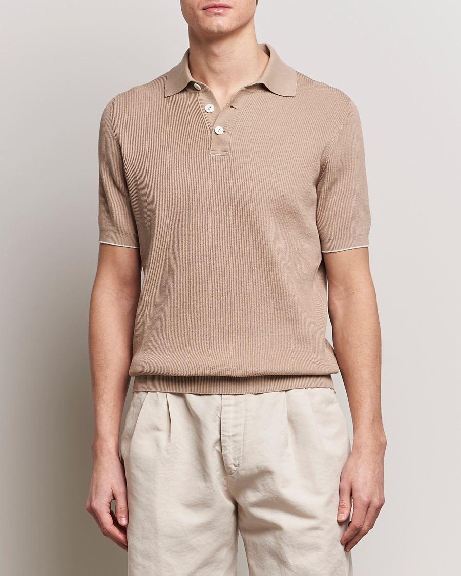 Men | Short Sleeve Polo Shirts | Brunello Cucinelli | Rib Stitch Knitted Polo Beige