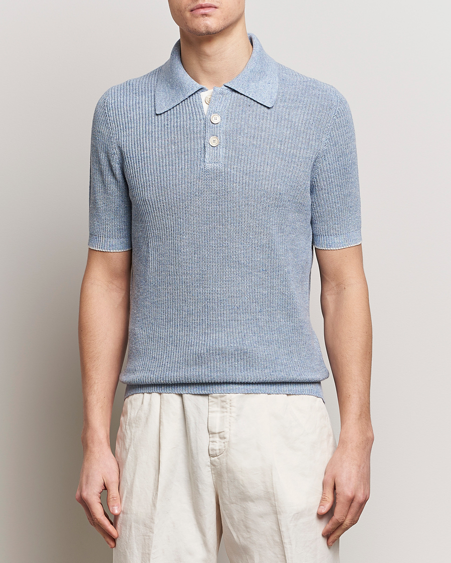 Men | Short Sleeve Polo Shirts | Brunello Cucinelli | Cotton/Linen Rib Knitted Polo Light Blue