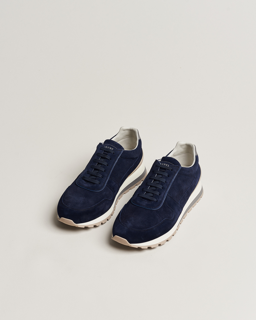 Men | Running Sneakers | Brunello Cucinelli | Perforated Running Sneakers Navy Suede