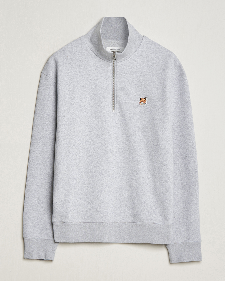 Men | Sweaters & Knitwear | Maison Kitsuné | Fox Head Half Zip Sweatshirt Light Grey Melange