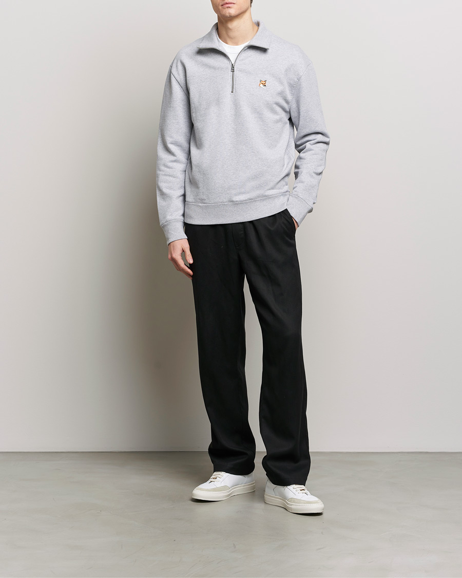 Men | Sweaters & Knitwear | Maison Kitsuné | Fox Head Half Zip Sweatshirt Light Grey Melange