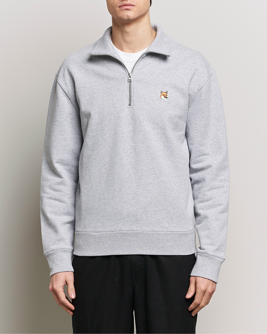 Men | Maison Kitsuné | Maison Kitsuné | Fox Head Half Zip Sweatshirt Light Grey Melange