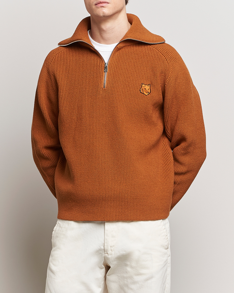 Men | Sweaters & Knitwear | Maison Kitsuné | Tonal Fox Head Ribbed Half Zip Tobacco