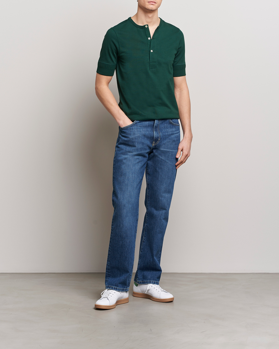 Men | T-Shirts | Merz b. Schwanen | Short Sleeve Organic Cotton Henley Classic Green