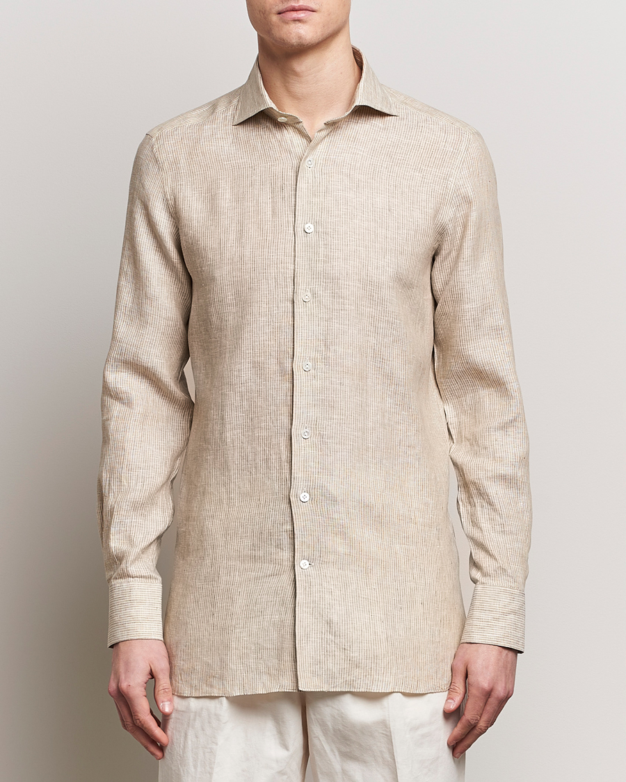 Men | Business Casual | 100Hands | Striped Linen Shirt Brown
