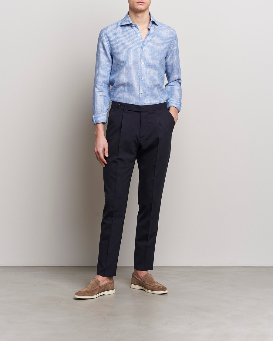 Men | Shirts | 100Hands | Striped Linen Shirt Navy