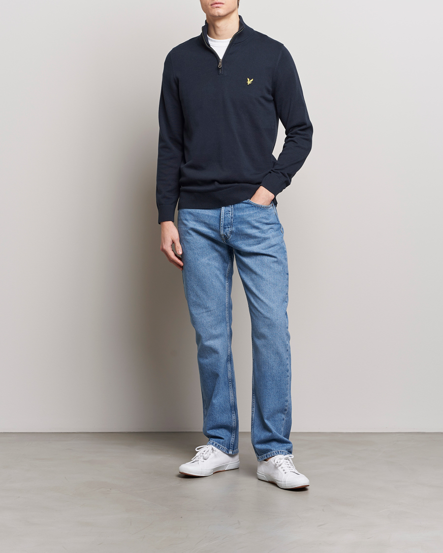 Men | Sweaters & Knitwear | Lyle & Scott | Cotton Knitted Half Zip Dark Navy