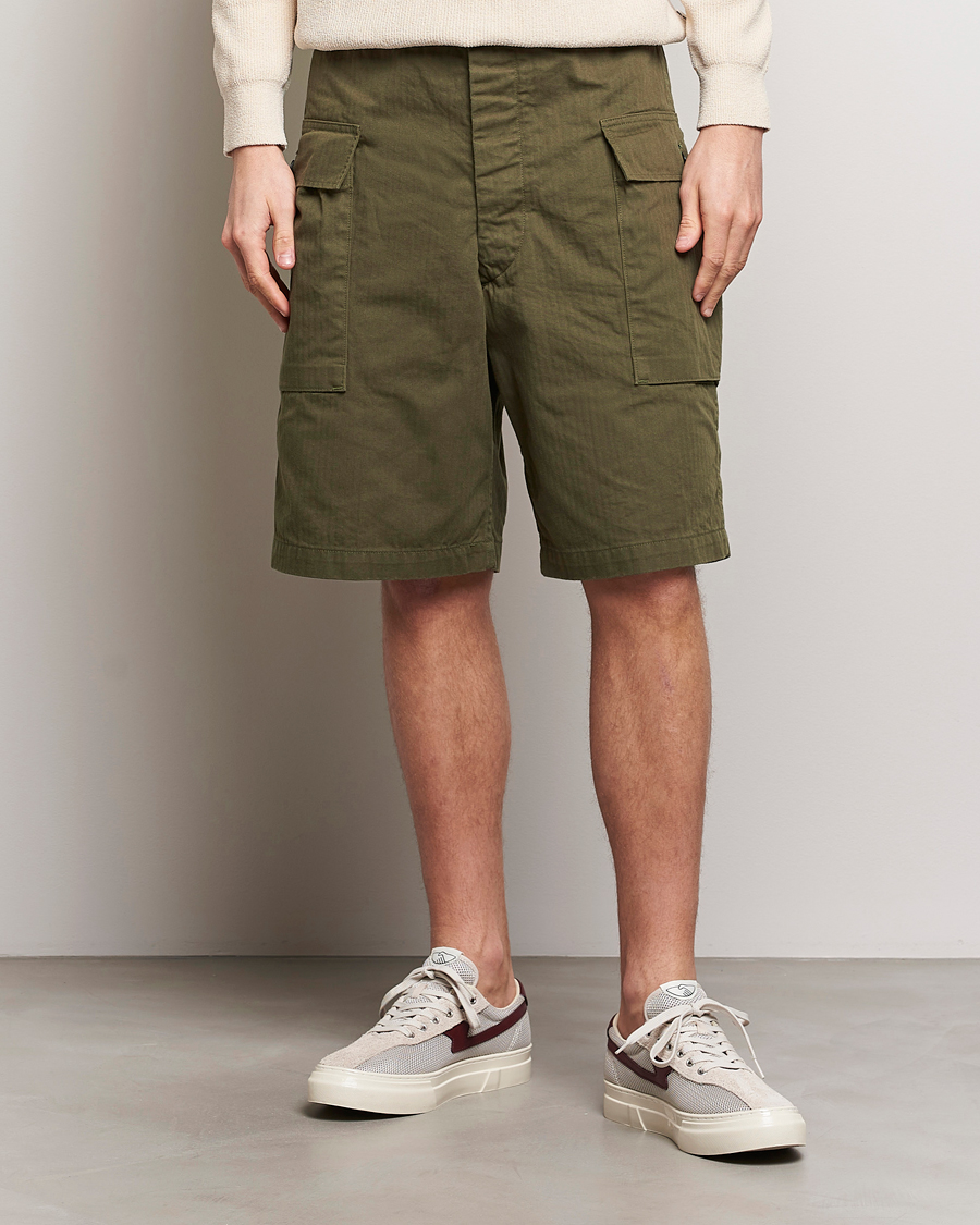 Men | Cargo Shorts | orSlow | Herringbone Cotton Cargo Short Army Green