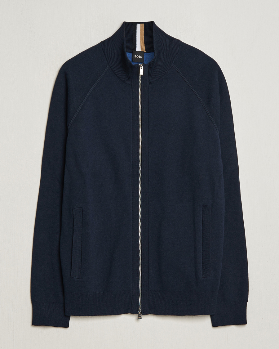 Men | Sweaters & Knitwear | BOSS BLACK | Perrone Knitted Full-Zip Dark Blue