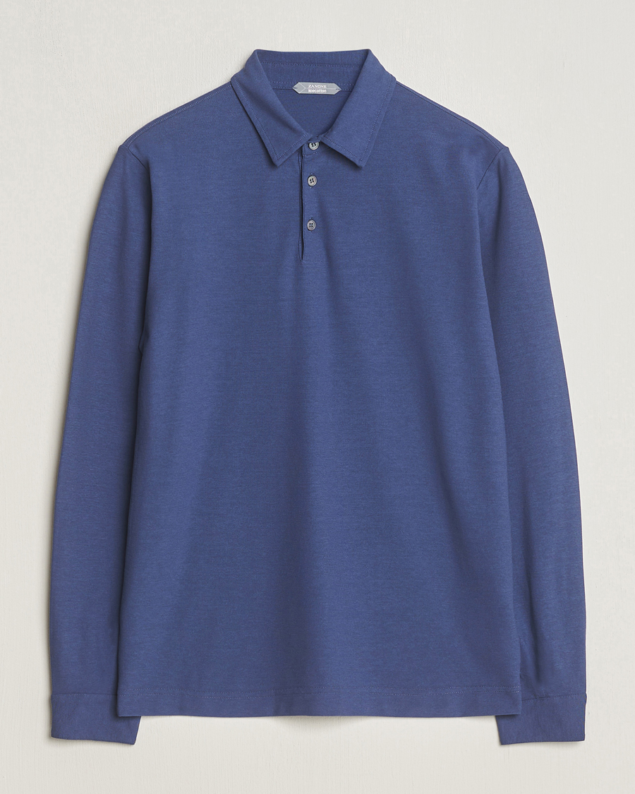 Men | Sweaters & Knitwear | Zanone | Ice Cotton Long Sleeve Polo Steel Blue