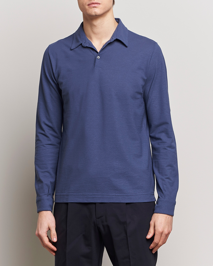 Men | Sweaters & Knitwear | Zanone | Ice Cotton Long Sleeve Polo Steel Blue
