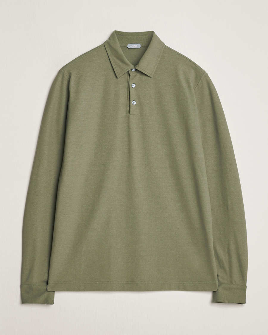 Men | Sweaters & Knitwear | Zanone | Ice Cotton Long Sleeve Polo Olive