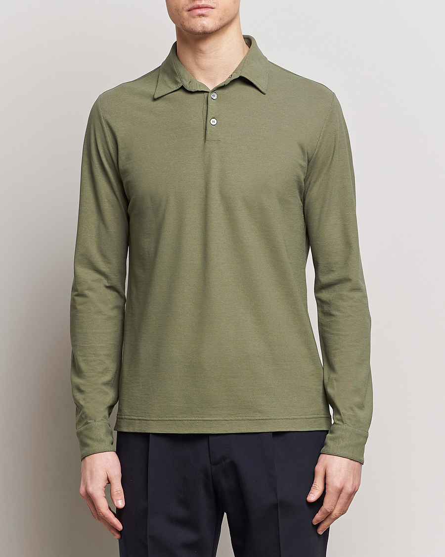 Men | Sweaters & Knitwear | Zanone | Ice Cotton Long Sleeve Polo Olive