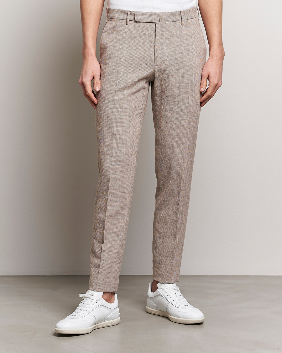 Men | Trousers | Incotex | Slim Fit Cotton/Linen Micro Houndstooth Trousers Beige