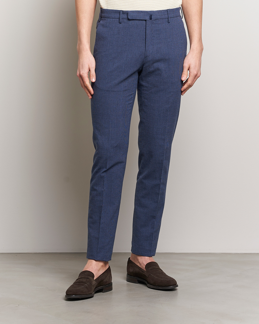 Men | Linen Trousers | Incotex | Slim Fit Cotton/Linen Micro Houndstooth Trousers Dark Blue
