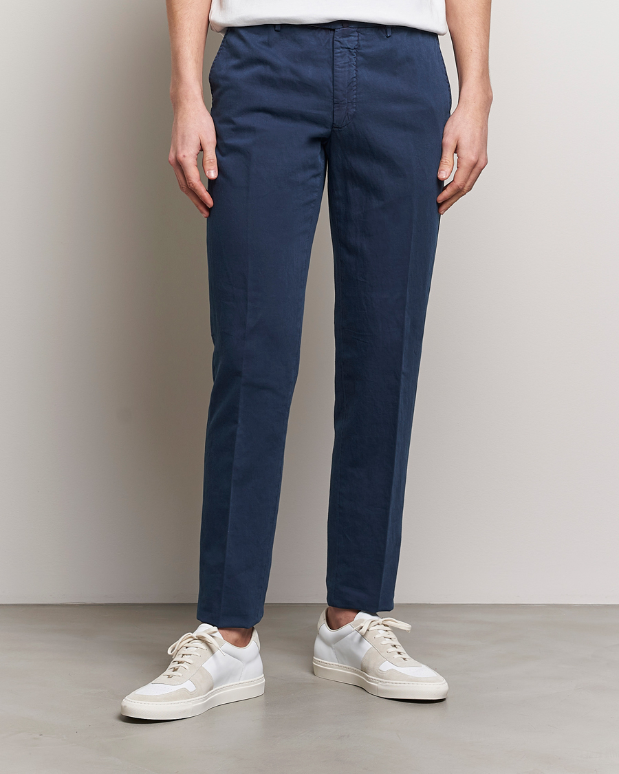 Men | Trousers | Incotex | Regular Fit Comfort Cotton/Linen Trousers Navy