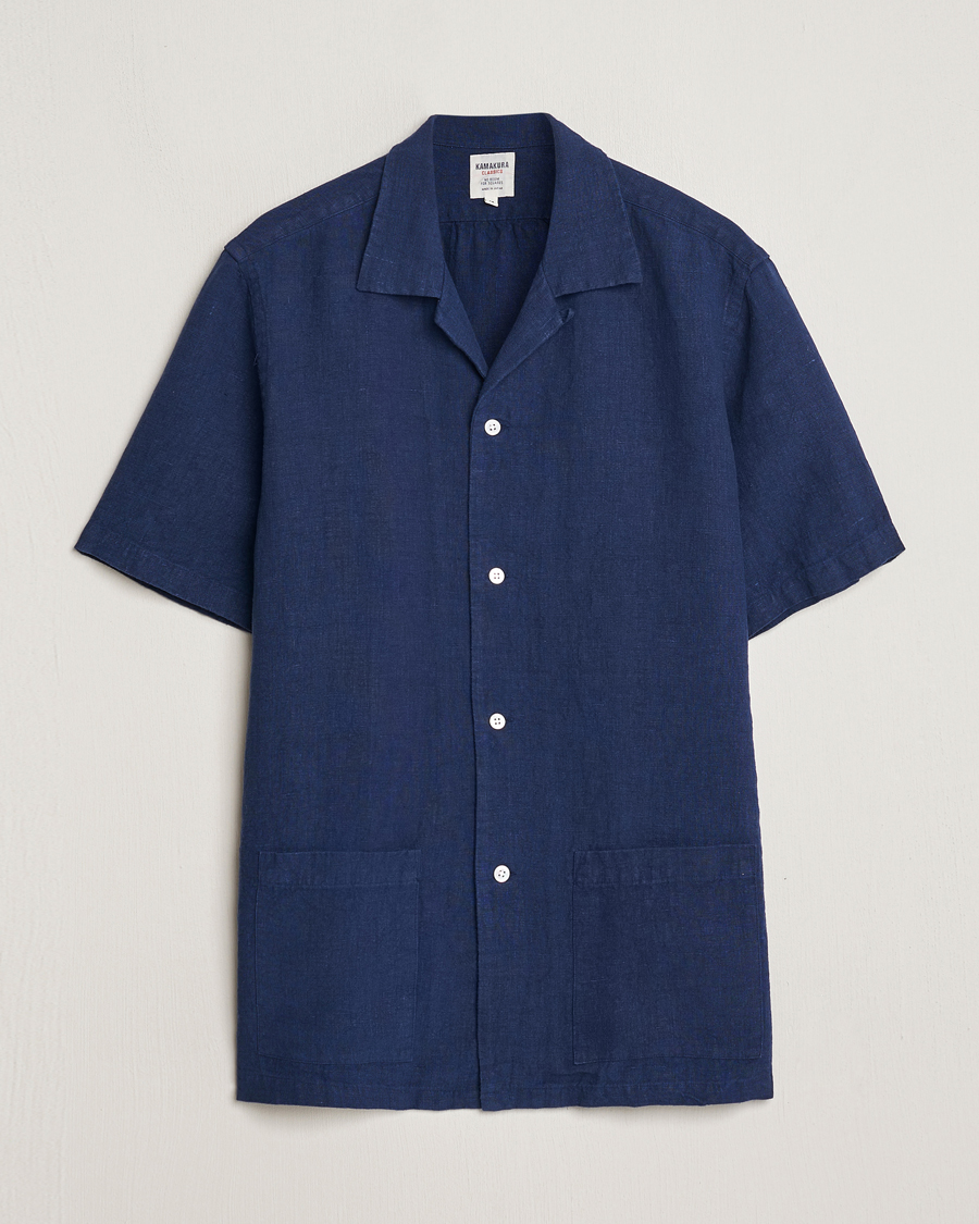 Men |  | Kamakura Shirts | Vintage Ivy Heavy Linen Beach Shirt Navy