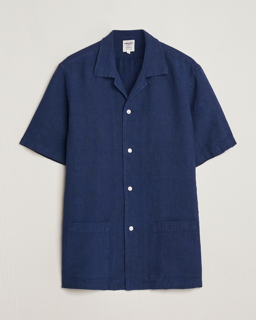 Men | Shirts | Kamakura Shirts | Heavy Linen Beach Shirt Navy
