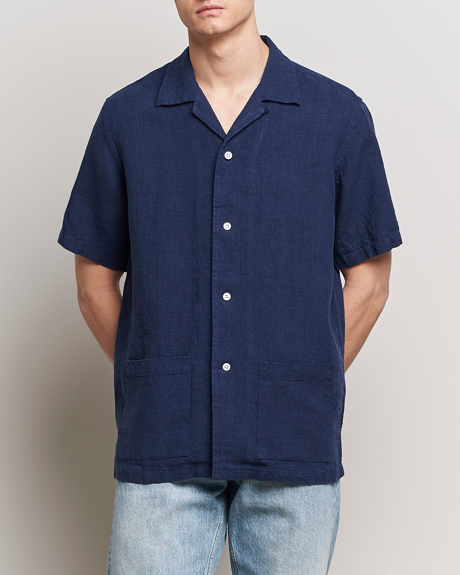 Men | Short Sleeve Shirts | Kamakura Shirts | Vintage Ivy Heavy Linen Beach Shirt Navy