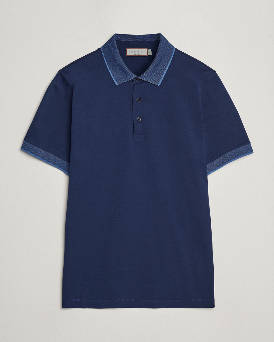 Men | Polo Shirts | Canali | Contrast Collar Short Sleeve Polo Dark Blue
