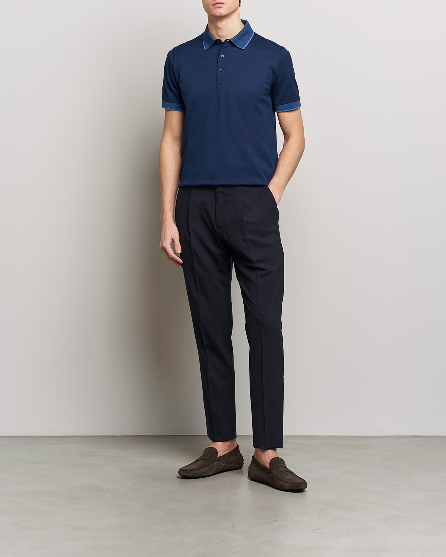 Men | Polo Shirts | Canali | Contrast Collar Short Sleeve Polo Dark Blue