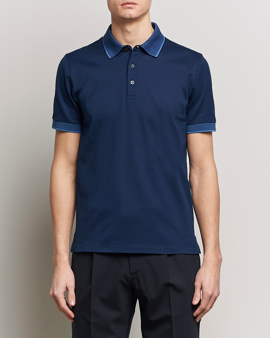 Men | Polo Shirts | Canali | Contrast Collar Short Sleeve Polo Dark Blue