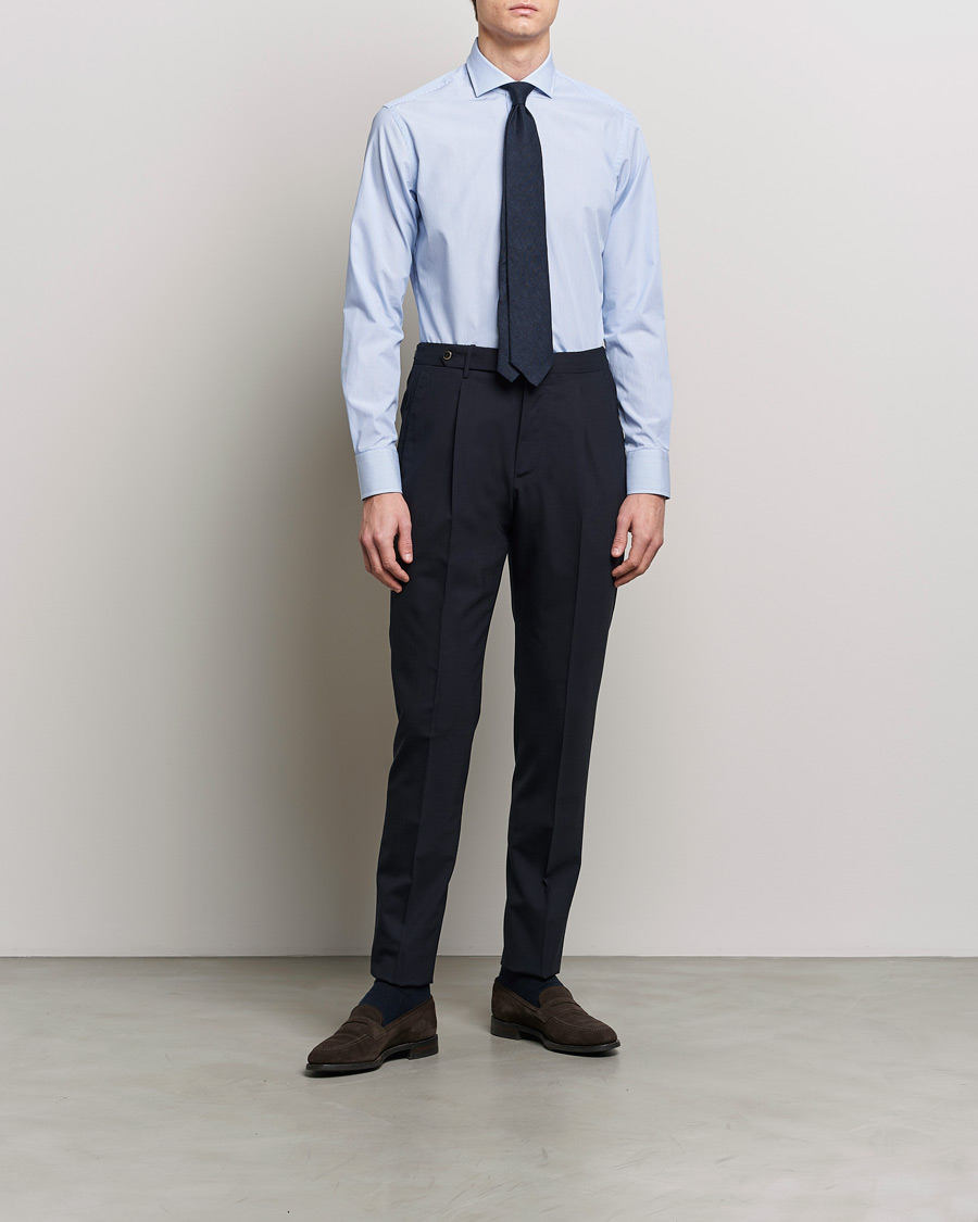 Men | Shirts | Grigio | Cotton Poplin Dress Shirt Light Blue Stripe