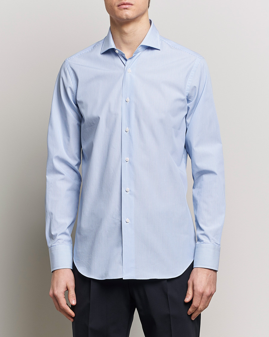Men | Shirts | Grigio | Cotton Poplin Dress Shirt Light Blue Stripe