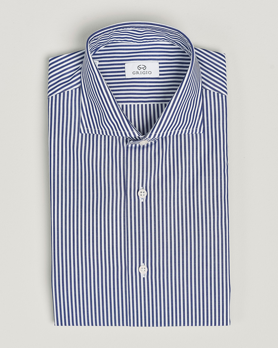 Men | Shirts | Grigio | Cotton Poplin Dress Shirt Blue Stripe