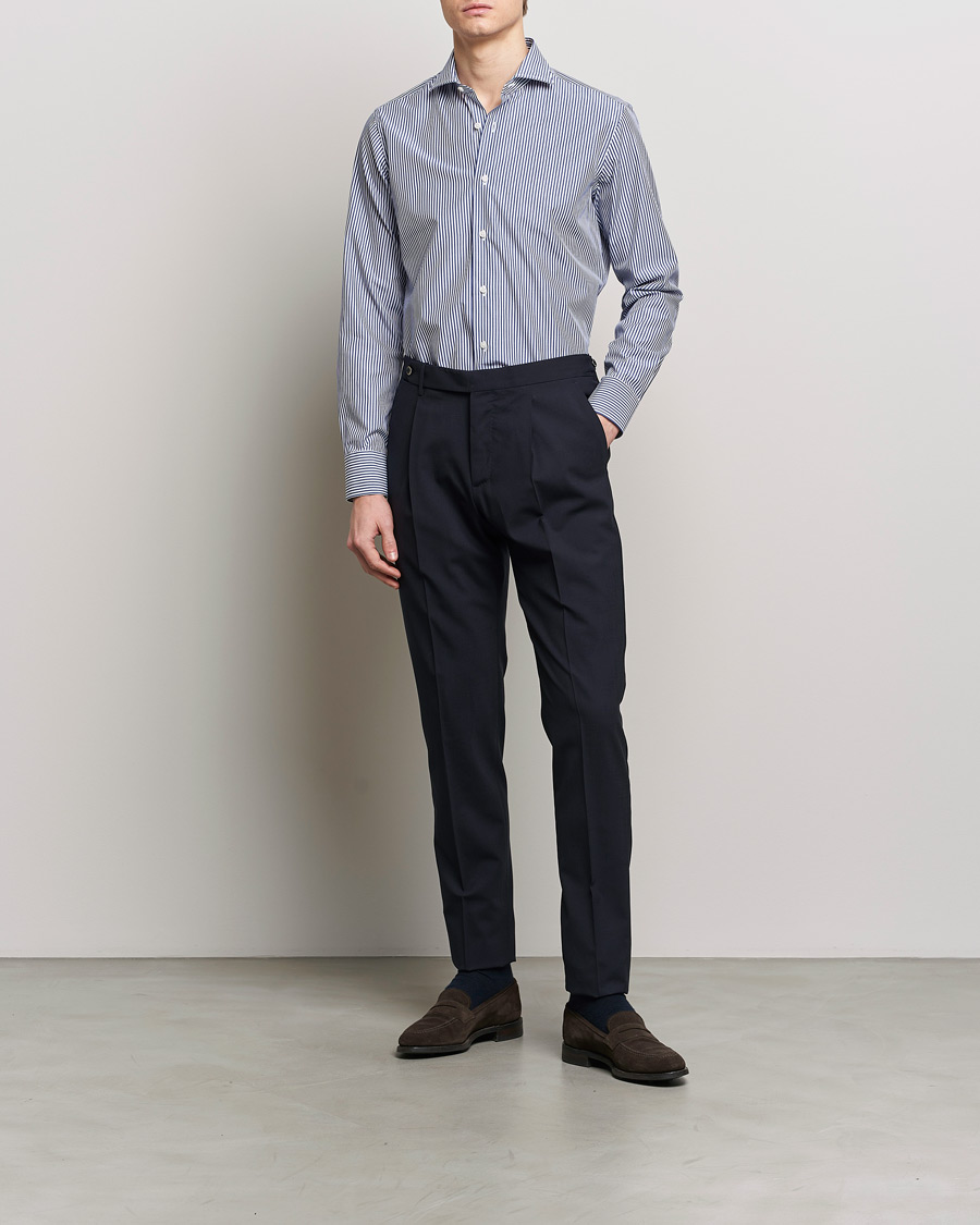 Men | Formal | Grigio | Cotton Poplin Dress Shirt Blue Stripe