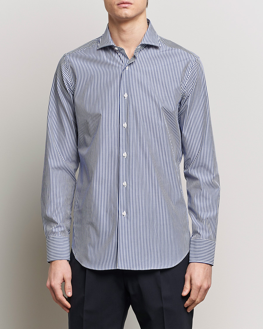 Men | Business Shirts | Grigio | Cotton Poplin Dress Shirt Blue Stripe