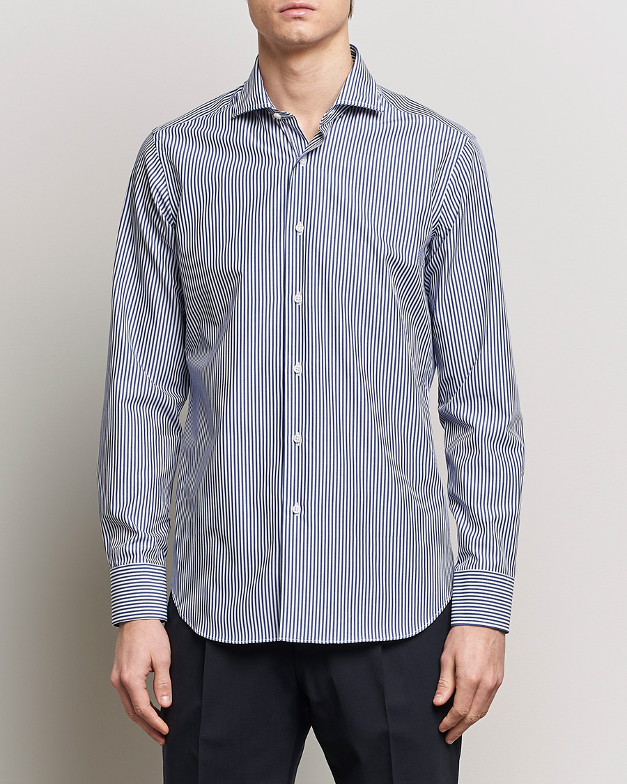 Men | Shirts | Grigio | Cotton Poplin Dress Shirt Blue Stripe
