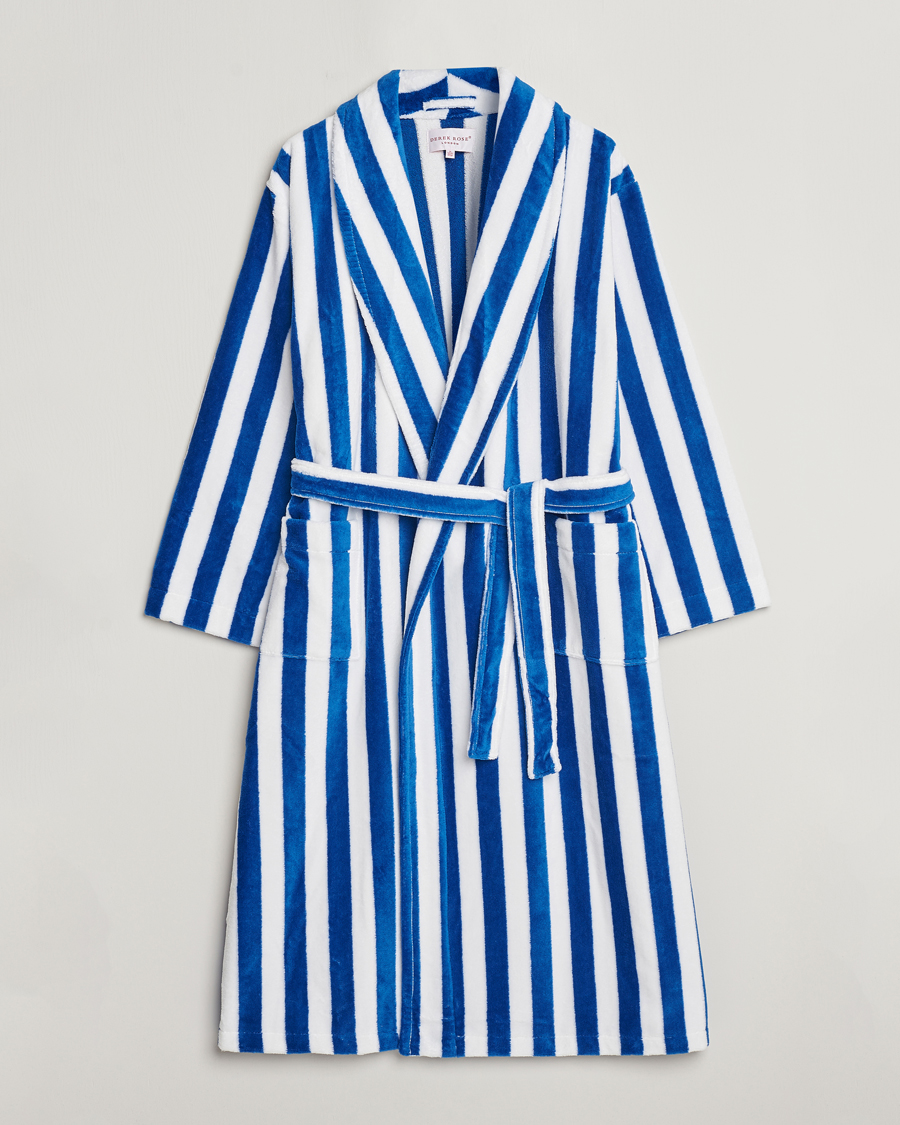 Men | Pyjamas & Robes | Derek Rose | Cotton Velour Striped Gown Blue/White