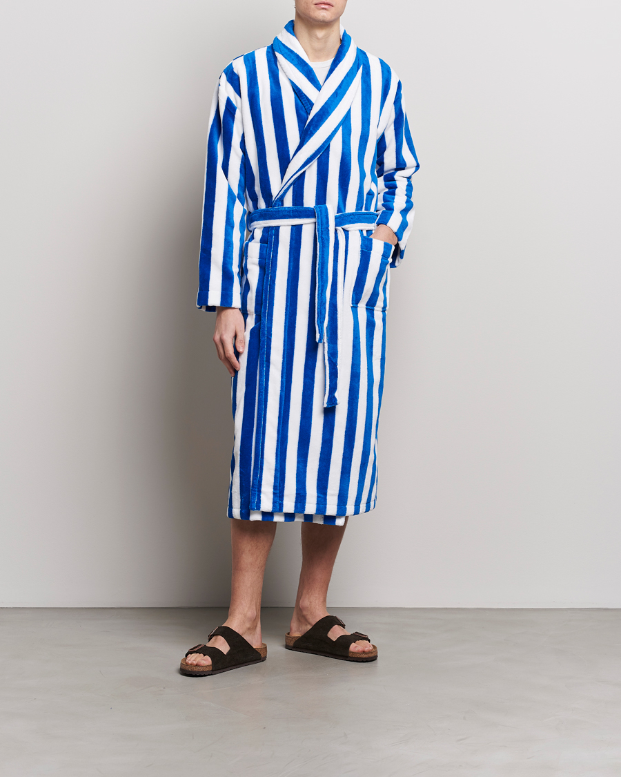 Men | Pyjamas & Robes | Derek Rose | Cotton Velour Striped Gown Blue/White