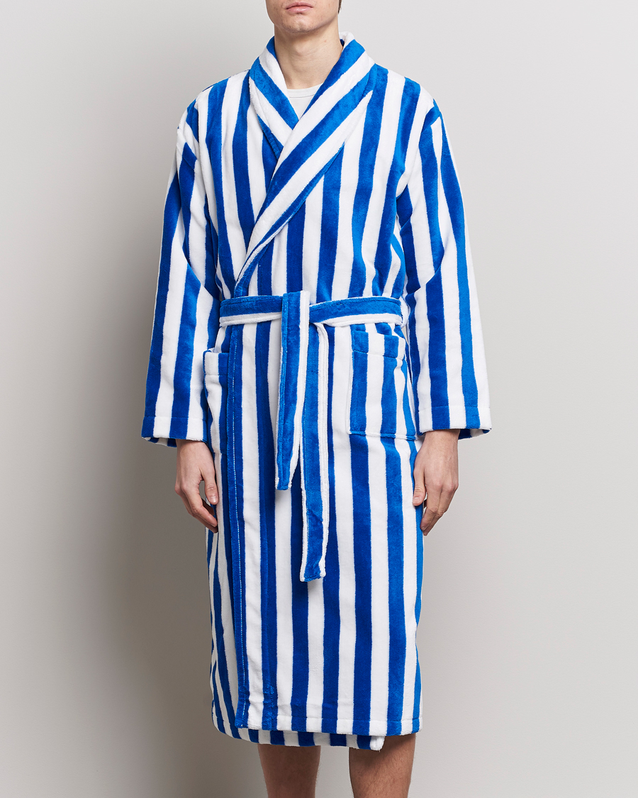 Men | Robes | Derek Rose | Cotton Velour Striped Gown Blue/White