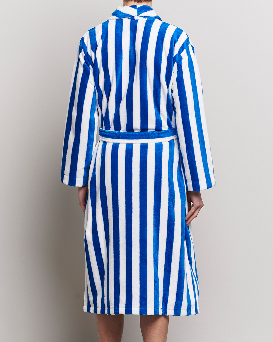 Men | Pyjamas & Robes | Derek Rose | Cotton Velour Striped Gown Blue/White
