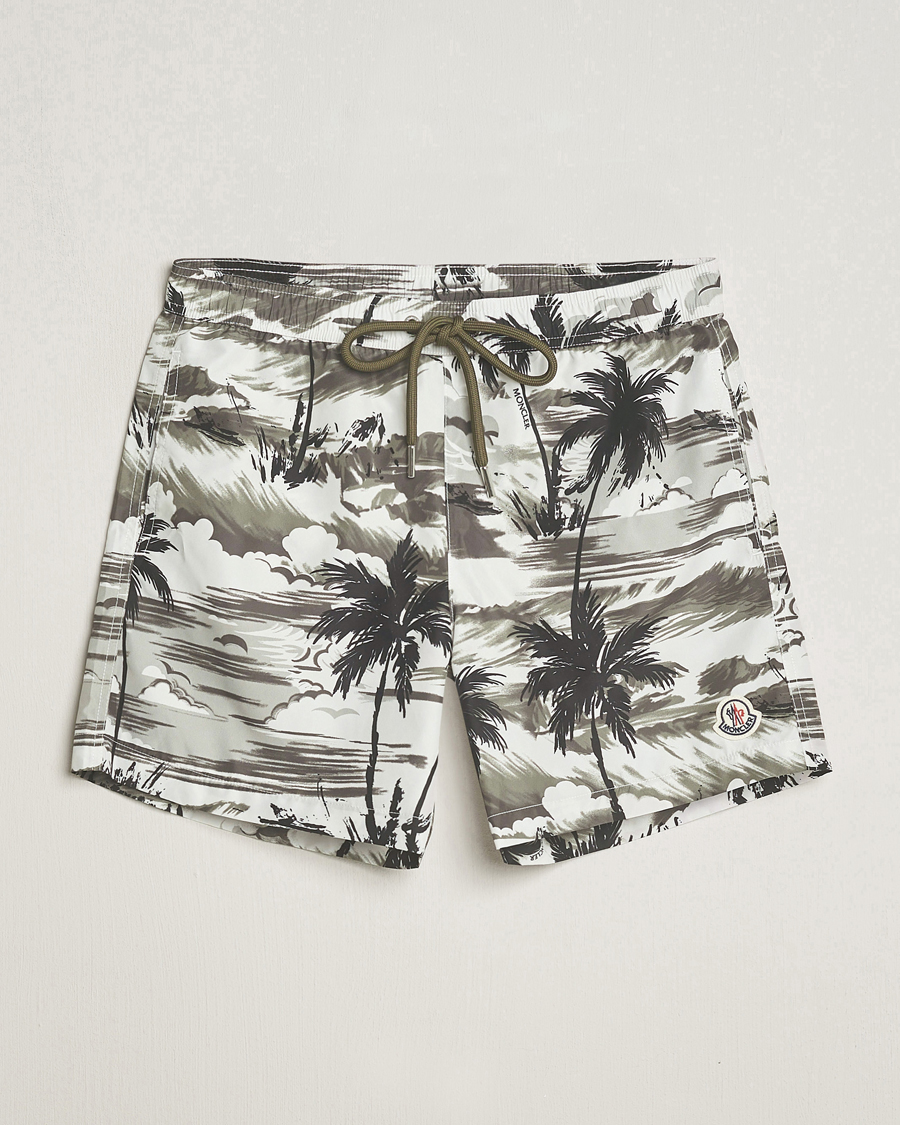 Men | Swimwear | Moncler | Palm Printed Swim Shorts White/Olive