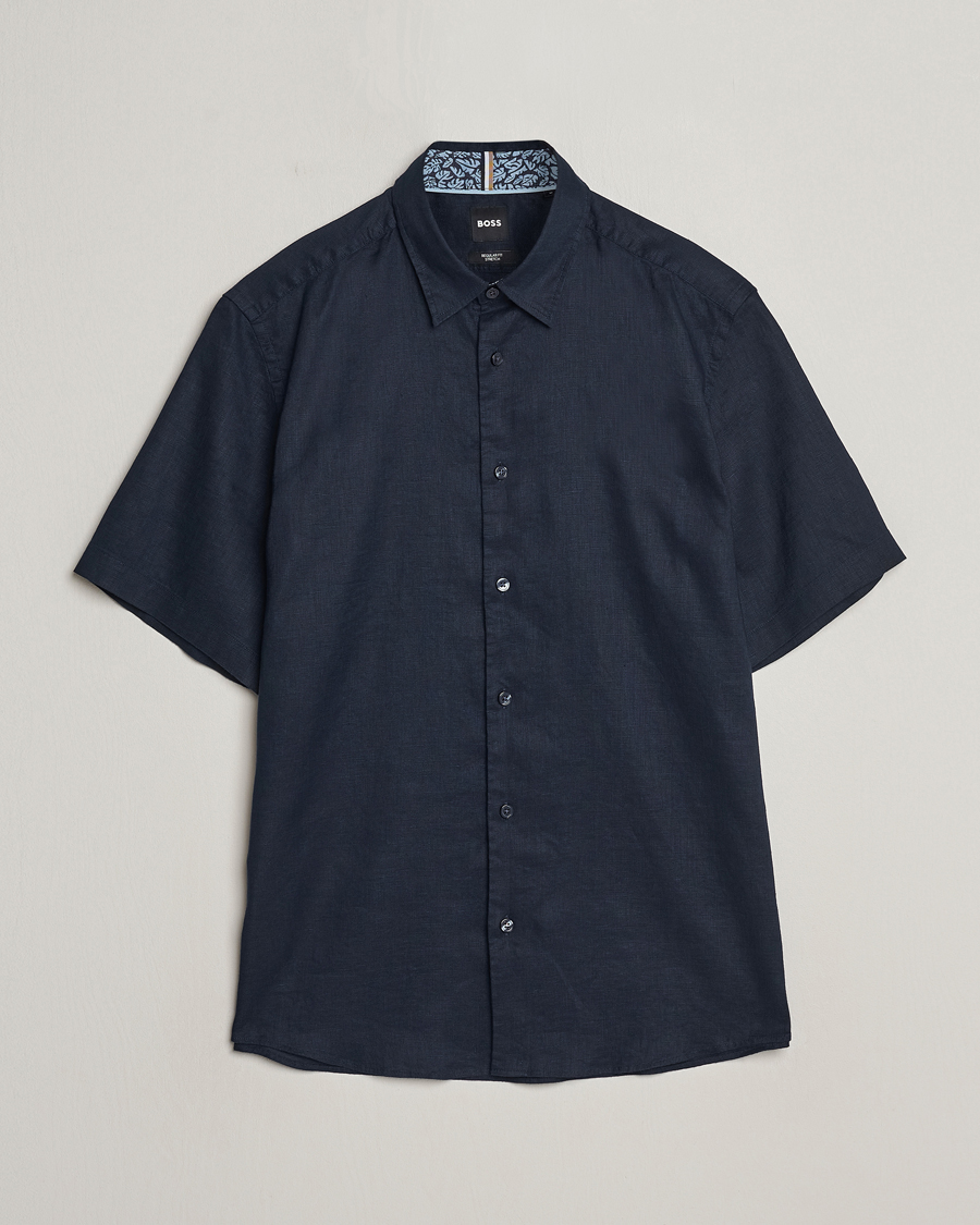 Men | Shirts | BOSS BLACK | Liam Short Sleeve Linen Shirt Dark Blue