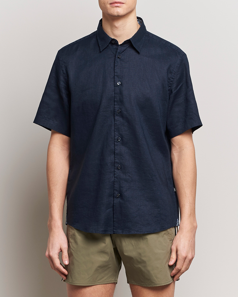 Men | The Linen Closet | BOSS BLACK | Liam Short Sleeve Linen Shirt Dark Blue