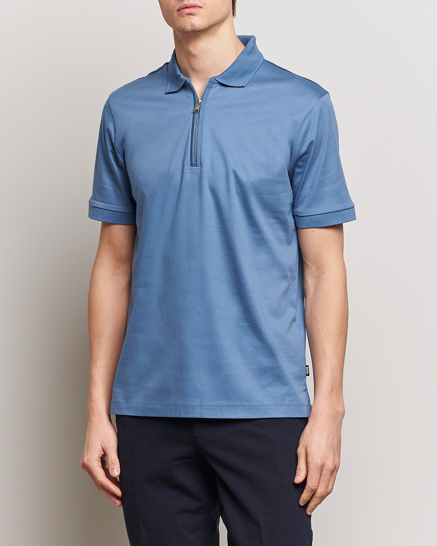 Men | Short Sleeve Polo Shirts | BOSS BLACK | Polston Half Zip Polo Light Blue