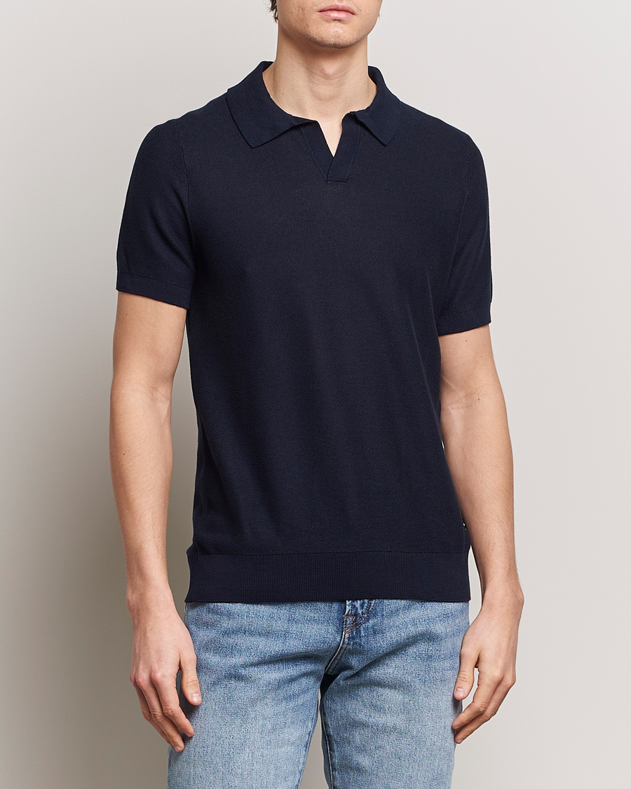 Men | Short Sleeve Polo Shirts | BOSS BLACK | Tempio Open Collar Polo Dark Blue