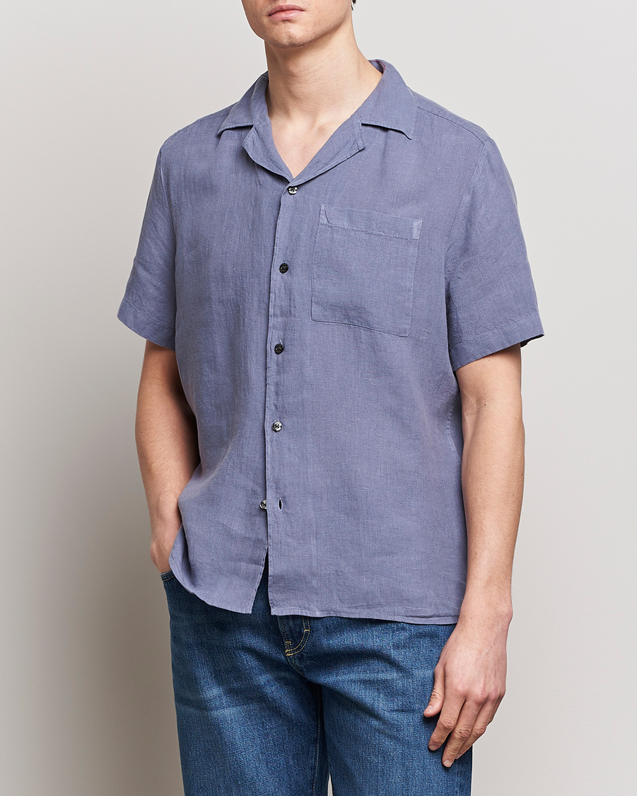 Men | Short Sleeve Shirts | HUGO | Ellino Short Sleeve Linen Shirt Open Blue