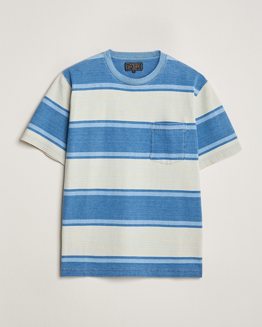Men | T-Shirts | BEAMS PLUS | Indigo Dyed Striped T-Shirt Sax Blue