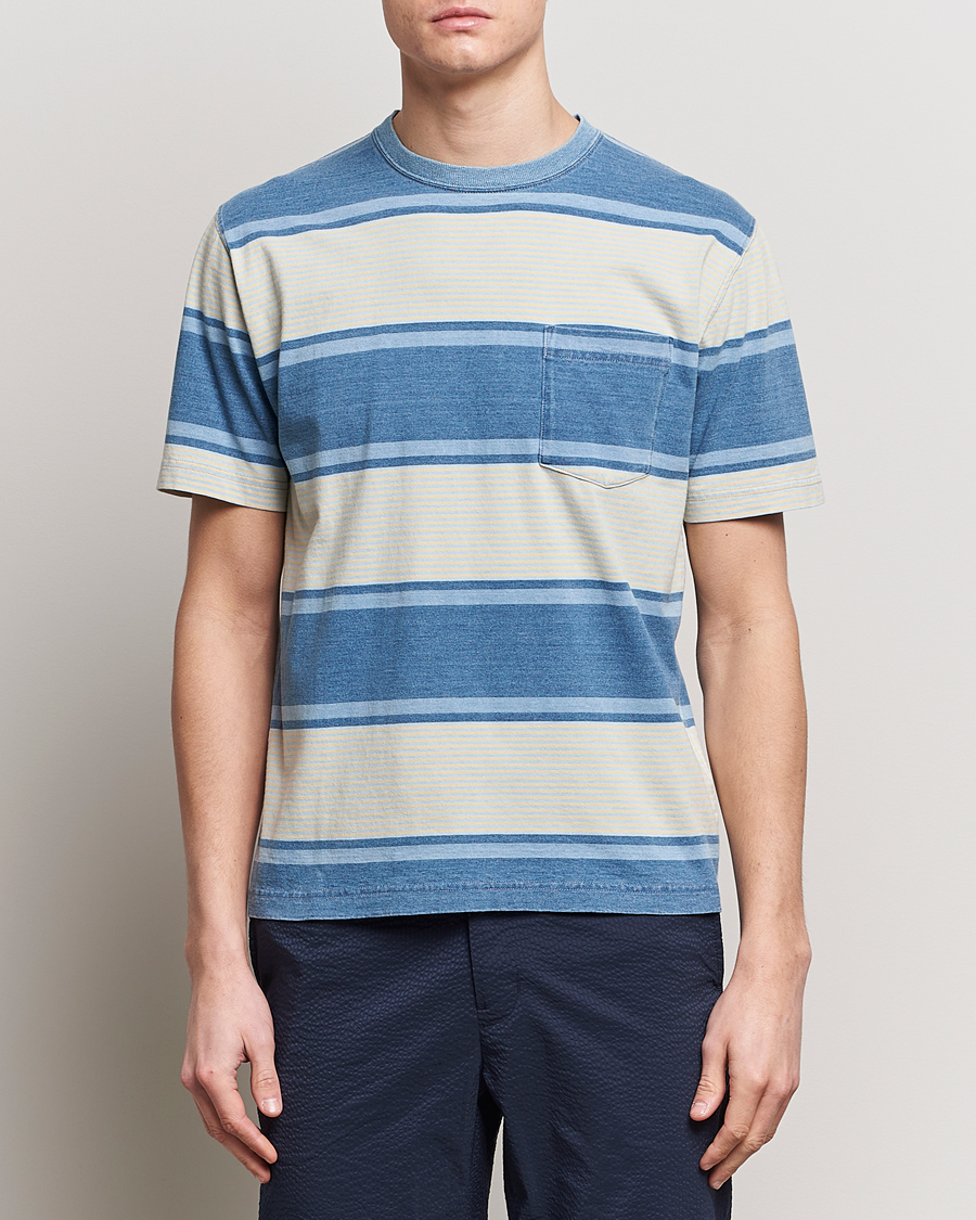 Men | Short Sleeve T-shirts | BEAMS PLUS | Indigo Dyed Striped T-Shirt Sax Blue